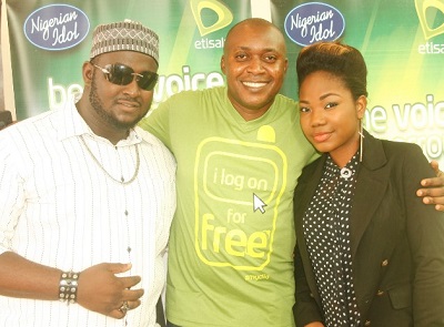 (L-r): Moses Obi-Adigwe, winner, Nigerian Idol season 3, Elvis Daniel, head, Youth Segment, Etisalat Nigeria, and Mercy Chinwo, winner, Nigerian Idol season 2, at the Benin auditions of season 4 of the Etisalat-sponsored Nigerian Idol competition held in Edo State at the weekend.